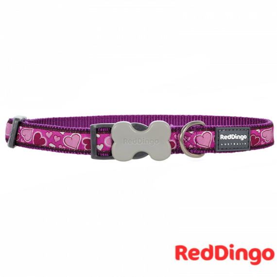 Lila szívecske mintás Red Dingo® kutya nyakörv - S - 15 mm x 24-36 cm