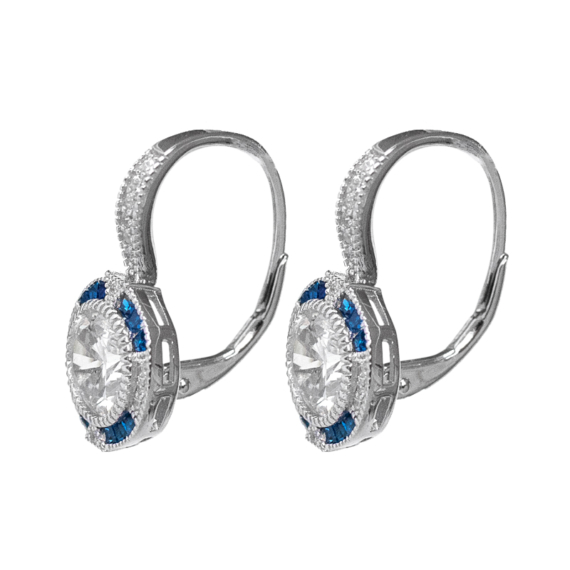 Kék és fehér cirkónia kristályokkal díszített ezüst fülbevaló