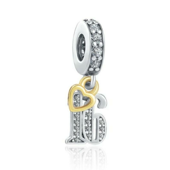 Pandora stílusú 16-os számmal ellátott aranyozott ezüst charm