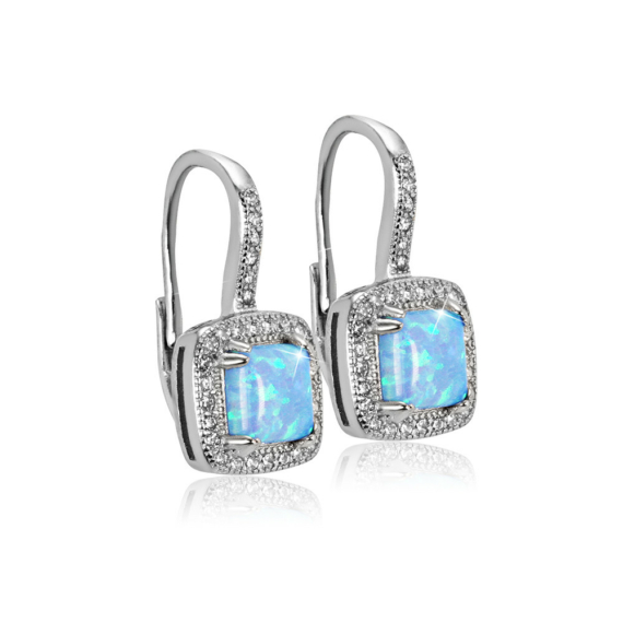 Kék opálos szögletes formájú kapcsos ezüst fülbevaló cirkóniával