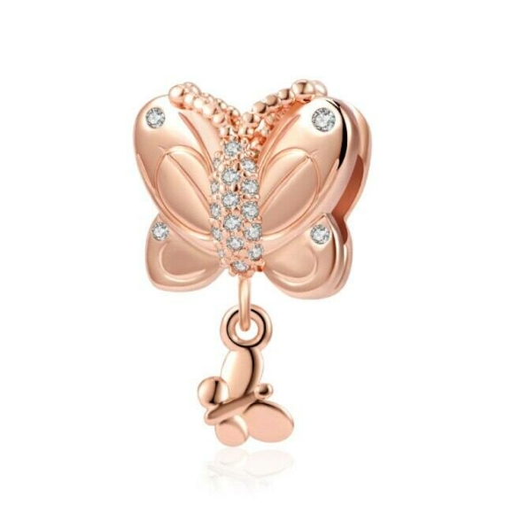 Pandora stílusú rózsaarany pillangós ezüst charm