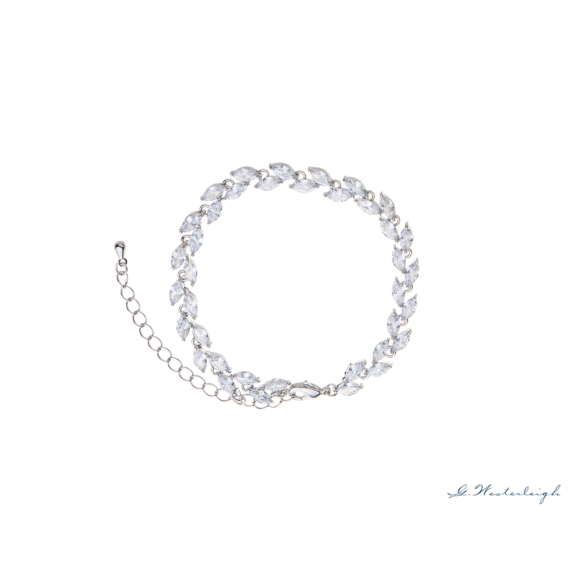 Levél alakú cirkónia kristályokkal díszített ezüstszínű esküvői karkötő