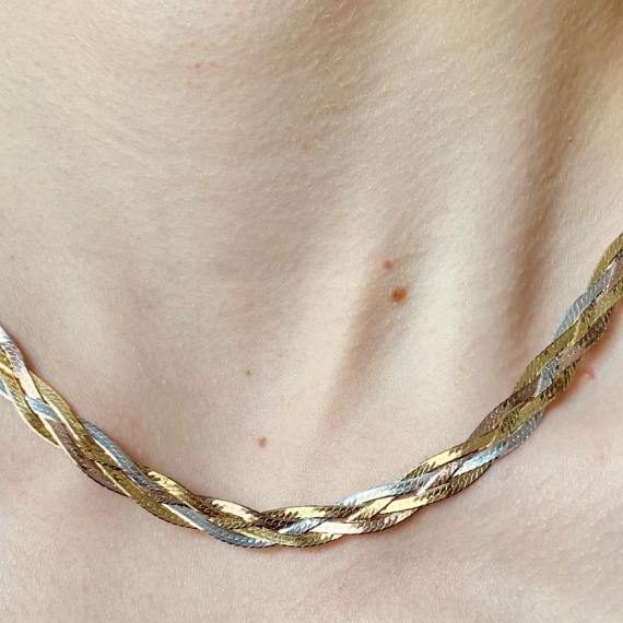 Háromszínű négyes fonatú ródiumozott ezüst nyaklánc 50 cm