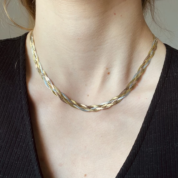Háromszínű négyes fonatú ródiumozott ezüst nyaklánc 45 cm